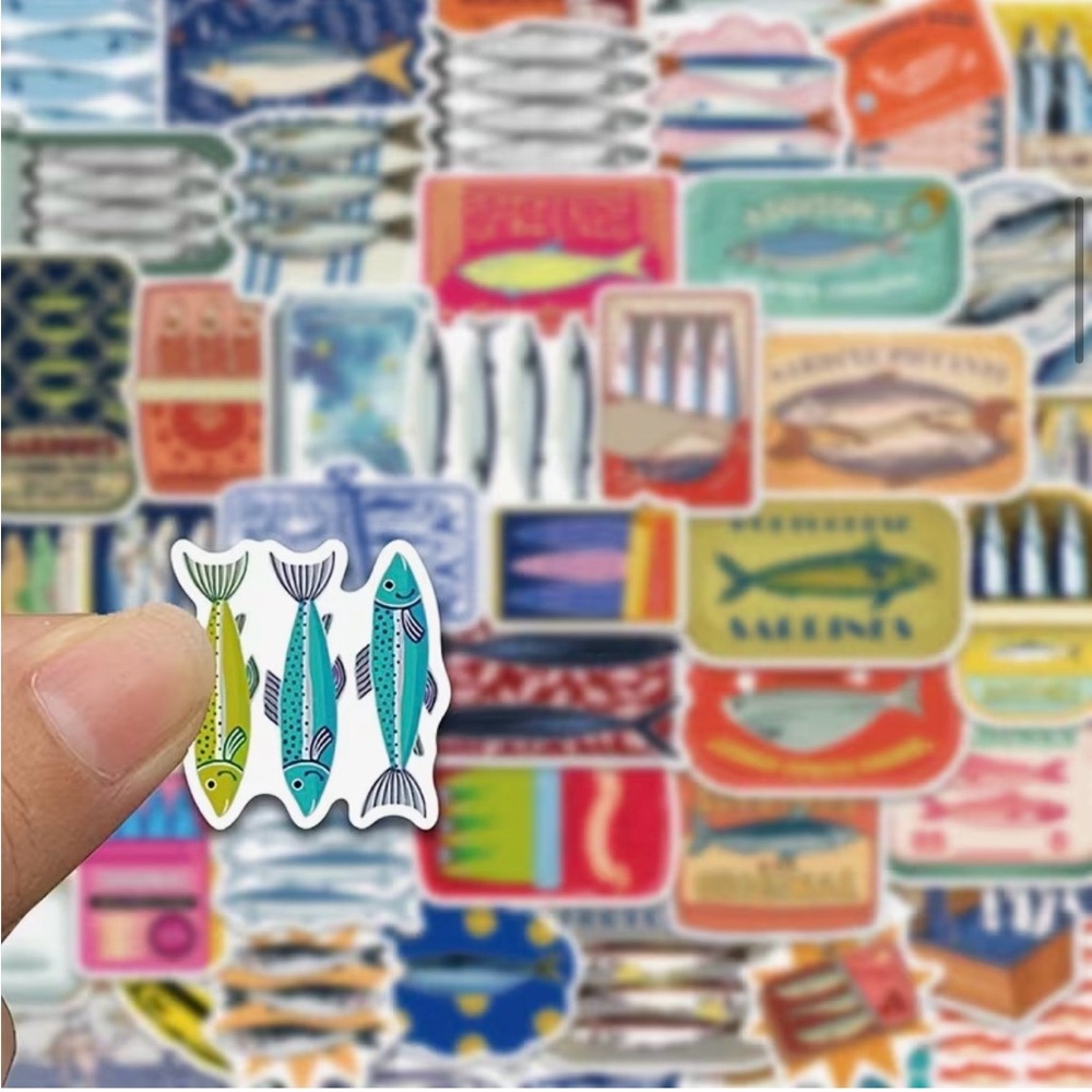 50 Sardine Tin Can Fish Stickers Colorful Nautical Mediterranean Sea Italian - Picture 4 of 10